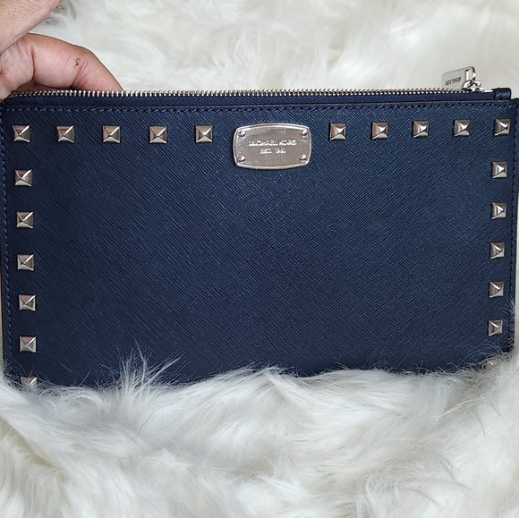 Michael Kors Navy Lg Zip Studded Clutch - Picture 1 of 5